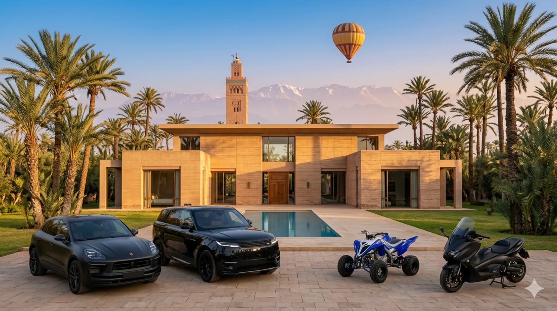 Villa de luxe Palmeraie Marrakech avec Porsche Macan T, Range Rover Sport, quad Raptor et T-Max — Koutoubia, Atlas et montgolfière en arrière-plan — KingKech Conciergerie